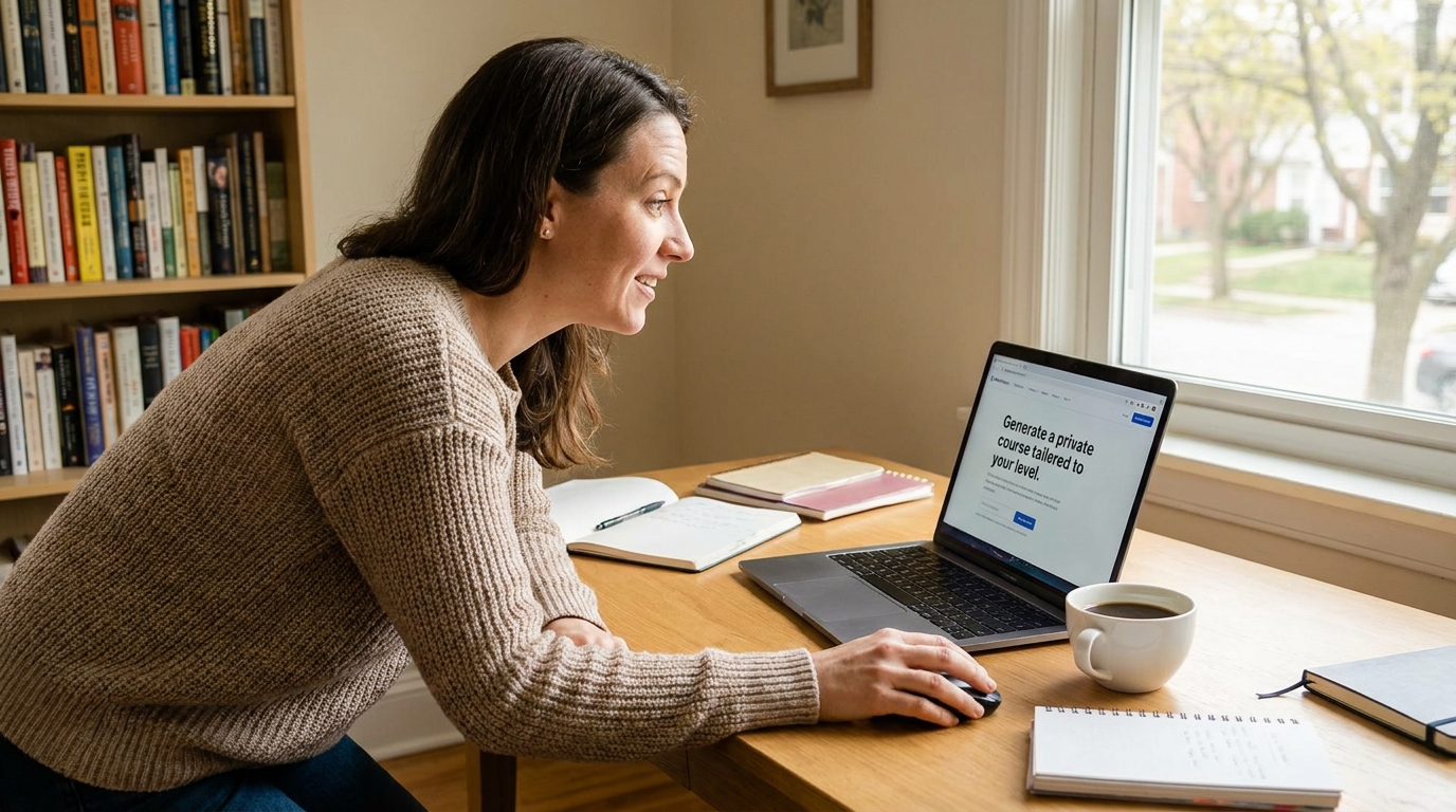 A learner using the private course generator from her home office.
